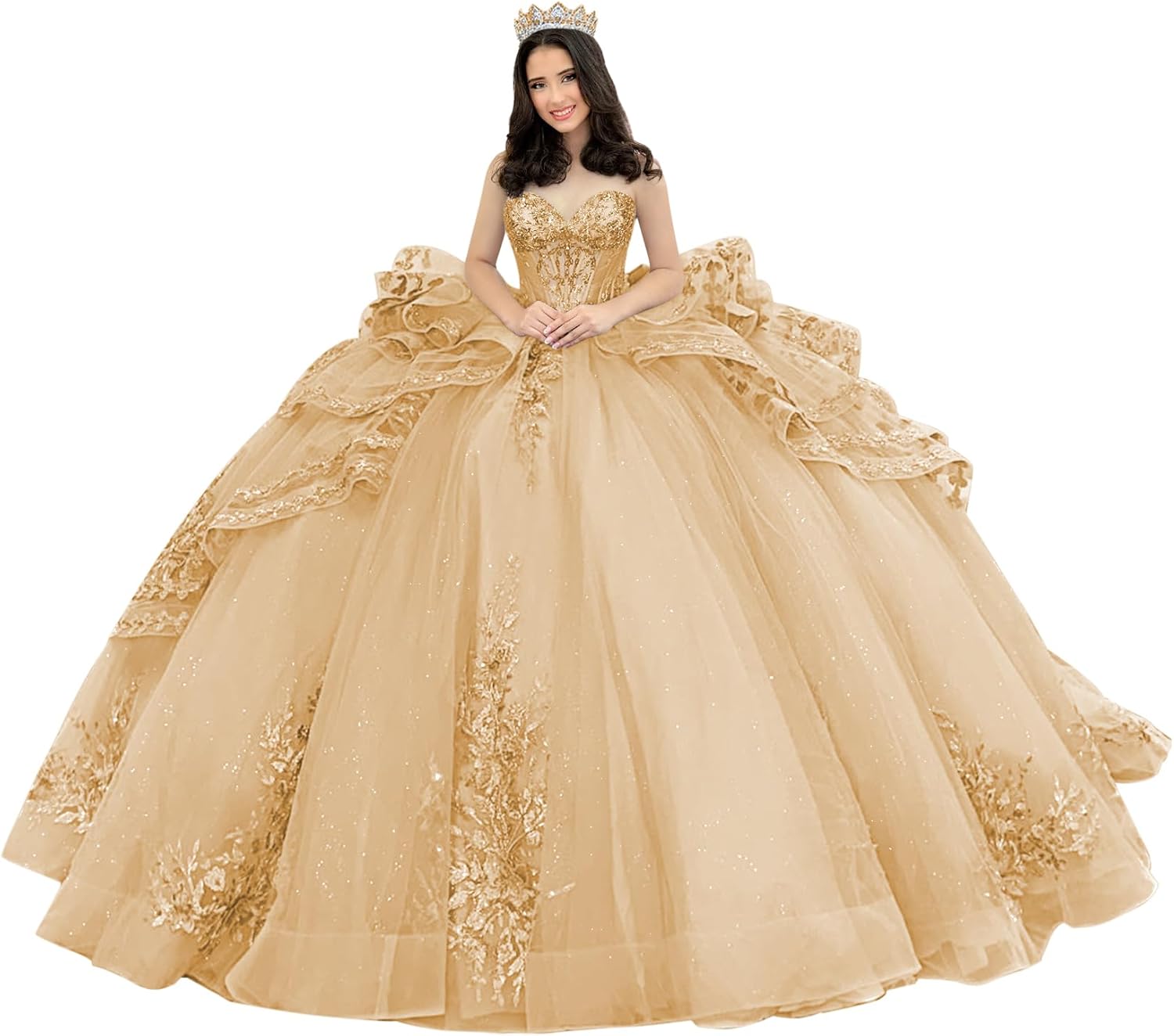 Mouccy Sparkly Beaded Quinceanera Dresses with Ruffles Strapless Lace Vestidos De 15 Años Tulle Sweet 16 Dresses with Bow