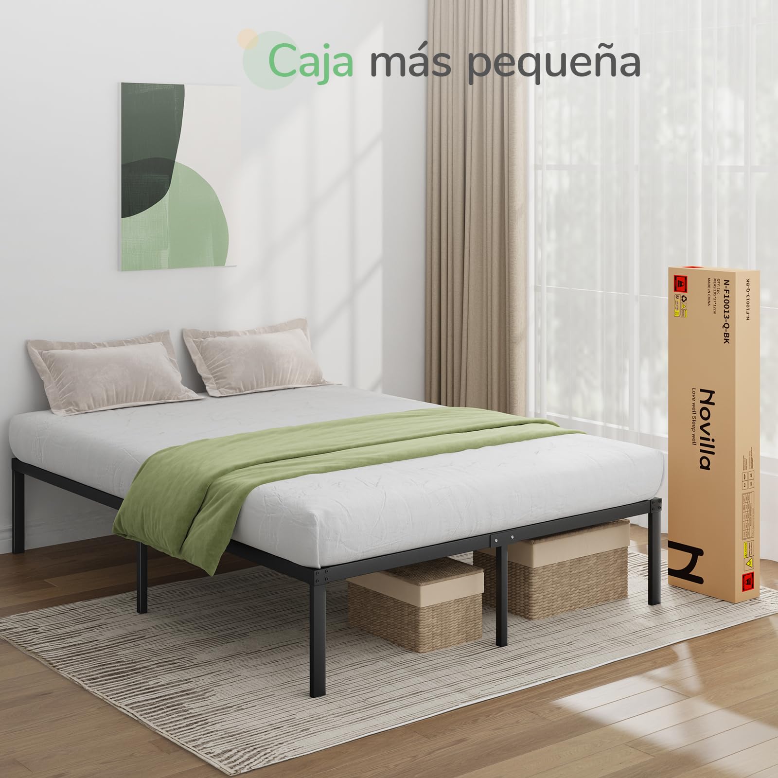 Novilla Somier 135 x 190 metálico, Altura 30,5 cm, Estructura Cama 135x190con Patas, metálica Incluye un somier de láminas metálicas y Tiene, Negro