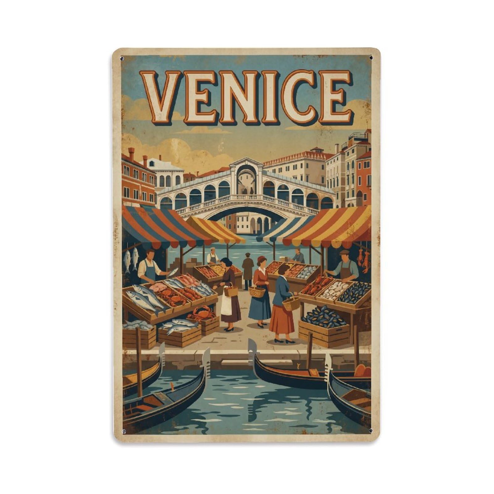 Vintage Travel Venice Rialto Market Fresh Seafood Stalls Rusted Italy Metal Tin Sign Plaque Wall Decor for Cafe, Club Bar, Office, Home Garden Metal Poster 8x12Inch