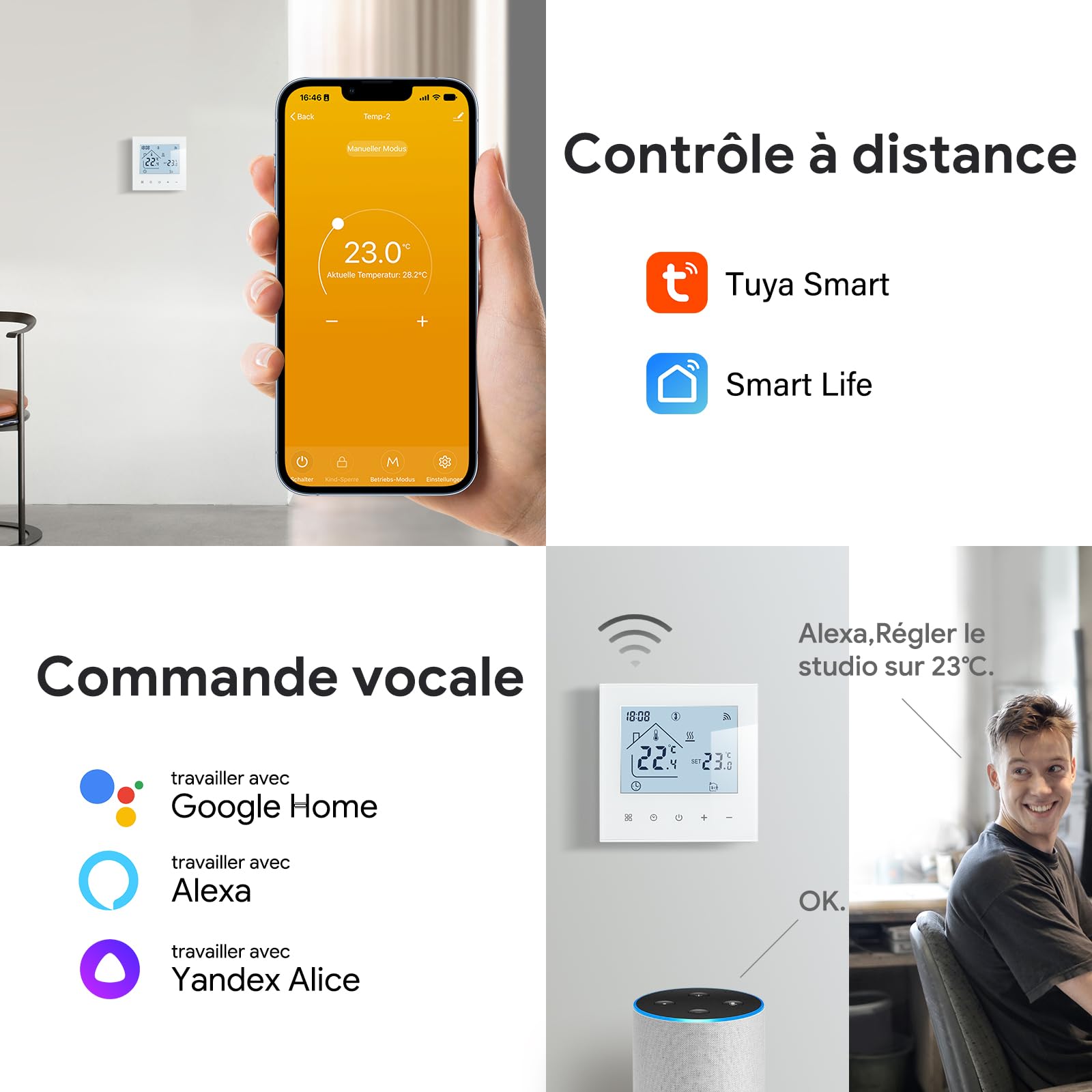 Beok Thermostat Connecté WiFi pour Chauffage au Sol Électrique,Thermostat d'Ambiance Intelligent Thermostats Programmable avec Capteur Externe Compatible Alexa Google Home 16A,Blanc