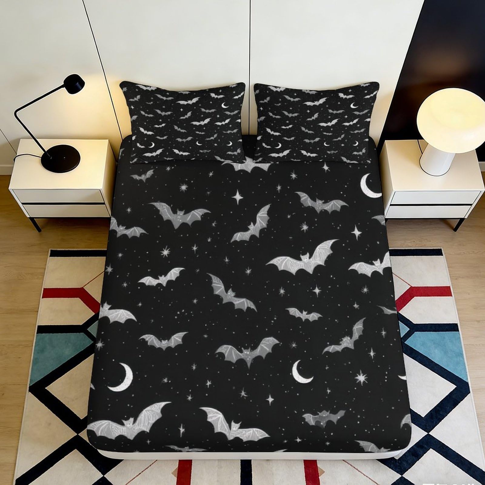 3D Printed Bat Moon Fitted Sheet Microfiber Deep Pocket Non-Slip Bedroom Bedding Bat Mattress Fitted Cover Washable 200x200x25cm 90x200x25cm