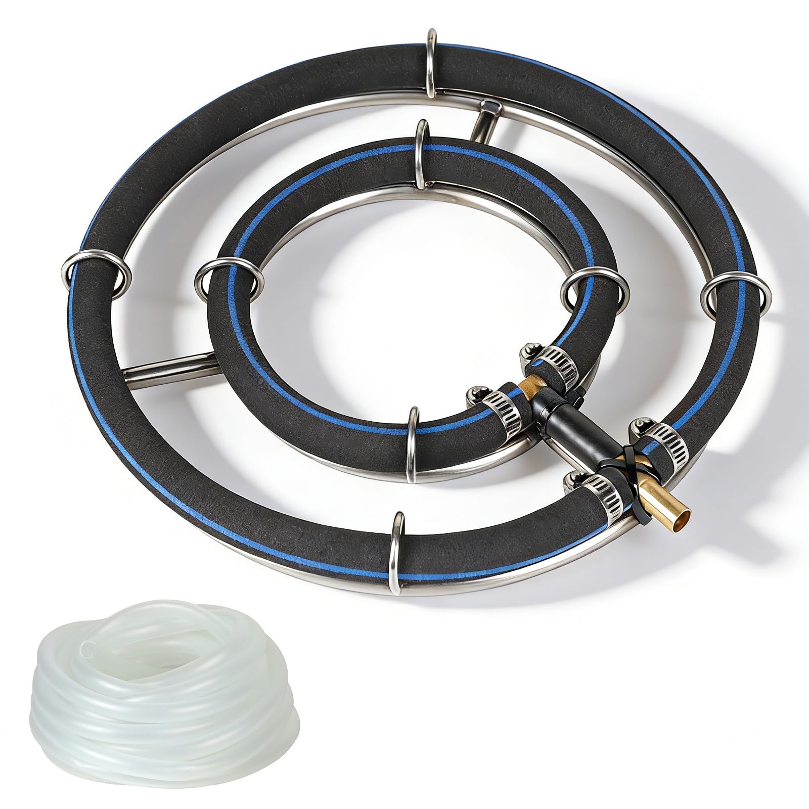 efuturetime Aireación para Estanque, Anillo de Aireación de φ25 cm, 2 en 1 Anillos de Acero Inoxidable 304, Aireador de Estanque con Manguera de 5 m y φ9 mm