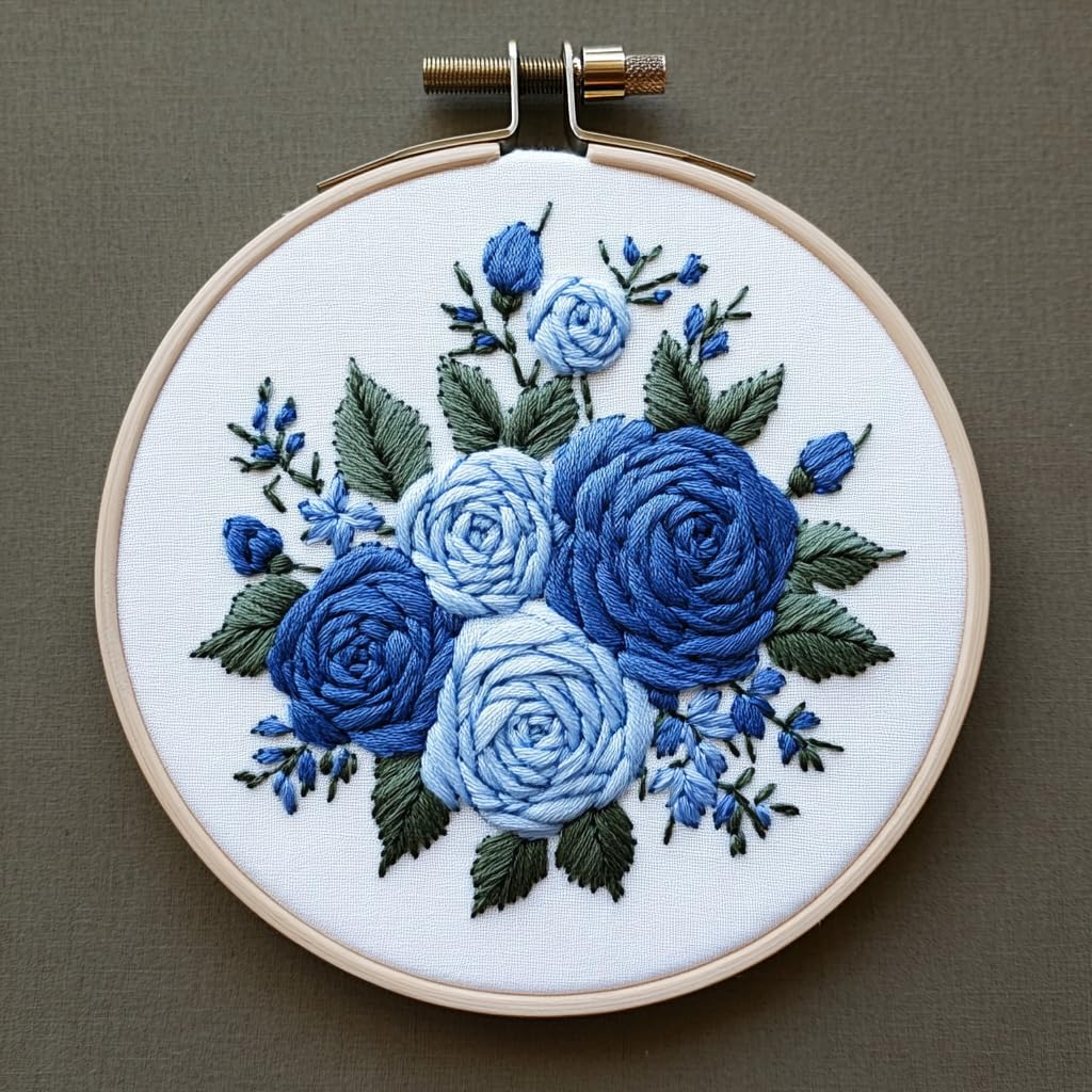 DIY Punch Needle Kits for Beginners Blue Roses with Hoop Embroidery Punch Needle Starter Set Easy for Adults and Kids Festival Gift and Decor 20x20cm