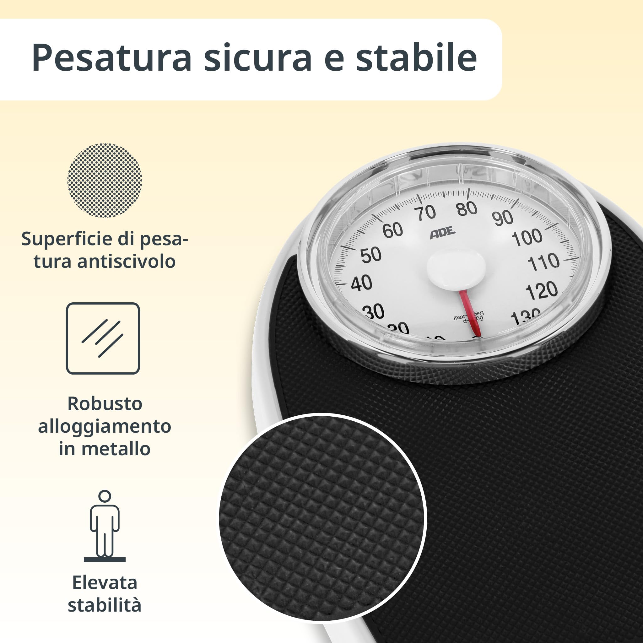 ADE Bilancia pesapersone meccanica in look retrò | superficie di pesata antiscivolo | bilancia pesapersone analogica con ampio display | senza batteria | fino a 136 kg | nero