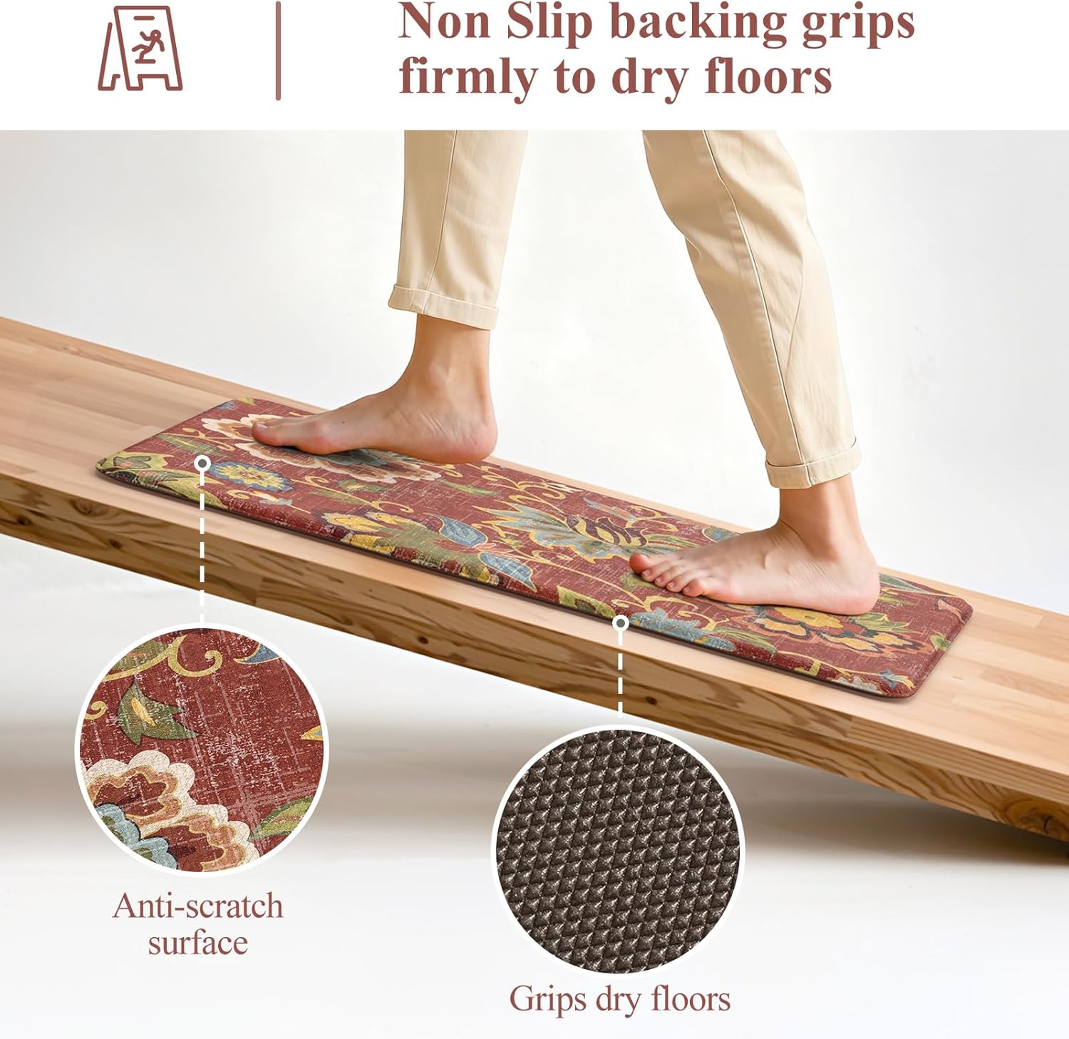 LEEVAN Anti Fatigue Mats for Kitchen Floor 2 Piece,Cushioned Memory Foam Red Kitchen Mats for Floor,Comfort Floral Boho Non Slip Kitchen Floor Mat for Sink,Laundry,Office(17''x29''+17''x47'')