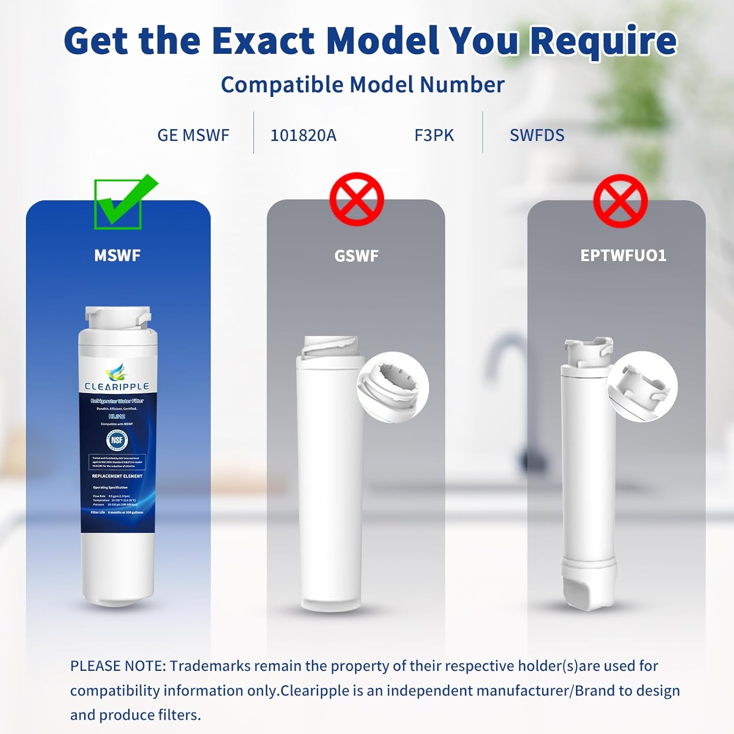 3 Pack MSWF Compatible with GE MSWF, SmartWater 101820A, 101821B, RWF1500A, NSF Certified Refrigerator Water Filter, 6 Month / 300 Gallon