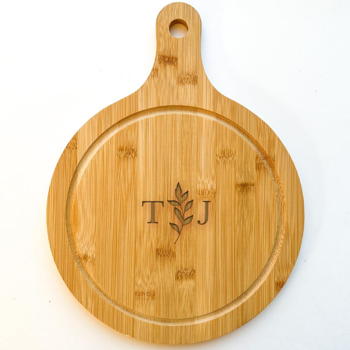 Engraved Round Bamboo Wood Cutting Charcuterie Board Personalized Gift New Couple, Parents, Anniversary, Housewarming, Hostess, Engagement, Friends - Leaf and Initials