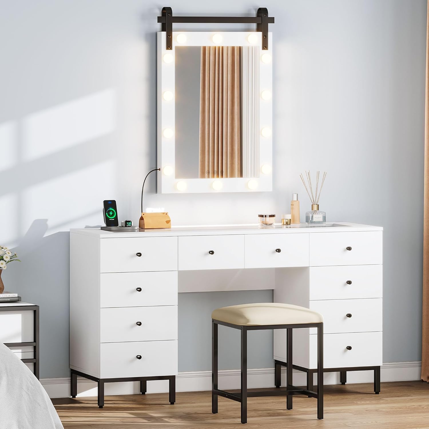 DWVO Farmhouse Bathroom Mirror, 30" x 22" Wood Framed Barn Door Mirror, Rustic Style Bathroom Vanity Mirror with Lights, 14 LED Bulbs, Wall-Mount/Tabletop (White)