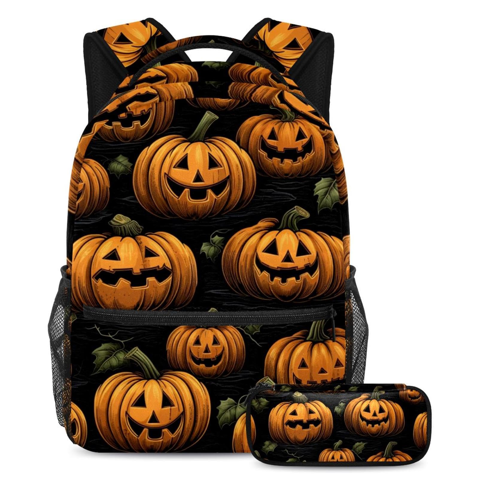 Halloween dynie bagaż i sprzęt podróżny zestaw toreb szkolnych - plecak i piórnik, idealny dla studentów, dzieci, chłopców, dziewcząt, Wielokolorowy #02, B：29.4x20x40cm P：19x7.5x3.8cm, Plecaki na co