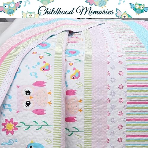 Miniatura 4 de Cozy Line Home Fashions Happy Owl - Juego de ropa de cama reversible de 6 piezas, color rosa, colcha para niñas (1 edredón + 1 funda + 4 almohadas