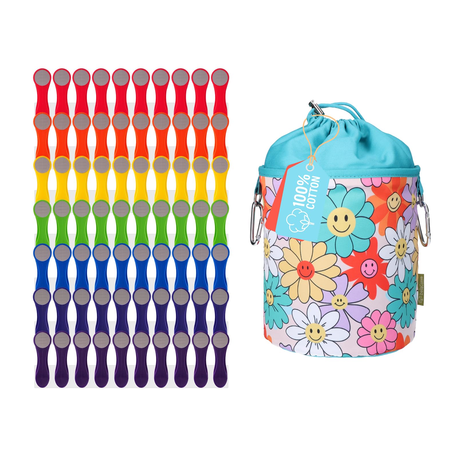Trendfinding 70 X Rainbow Grey - 1 Flower Smiley 70 Softgrip Clothes Pegs Set Rainbow With Cotton Clothes Peg Bag Flower Smiley Design, Non-Slip, With Carabiner & Drawstring, Washable