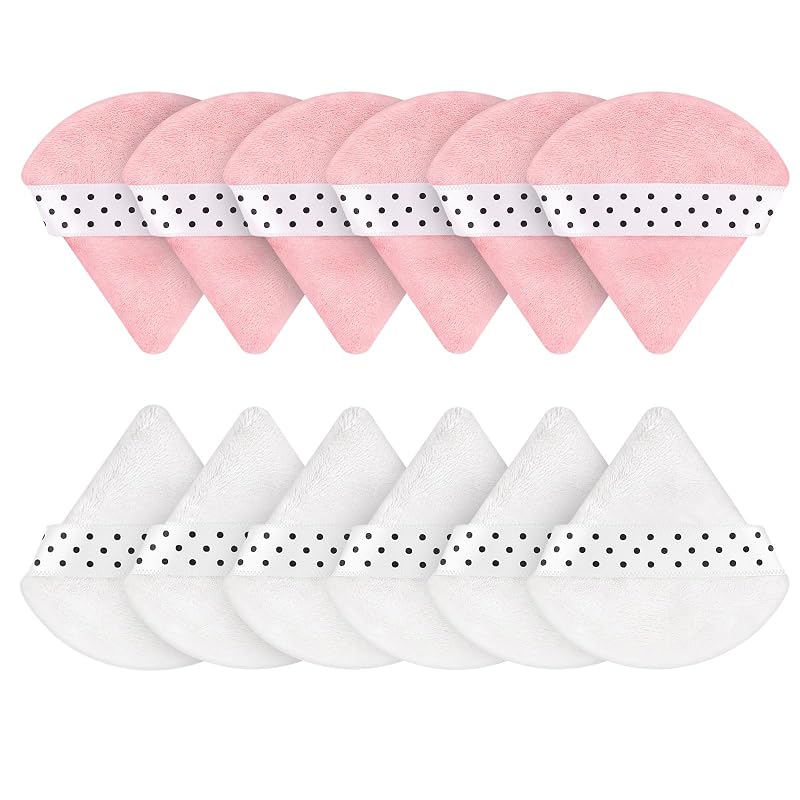 Pimoys Puffs Triangulares para Pó com Alça de Fita, Rosa e Branco, Pacote com 12