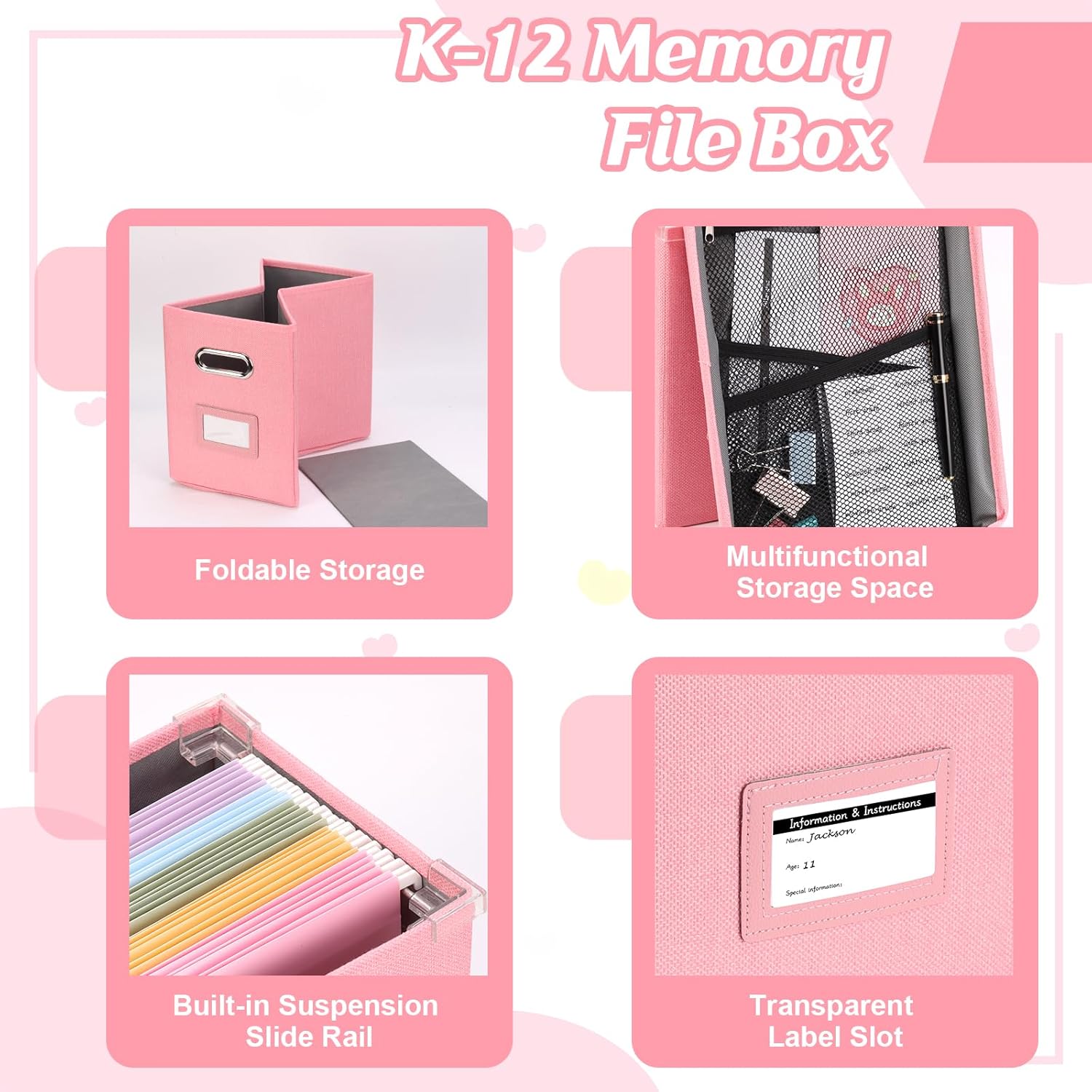 DOSTATNI School Years Organizer Kit K-12 School Years Memory Keeper with 15 Hanging File Folders Plastic 4 different Labels Memory Keepsake Box for kids Storage Pictures File Keeper (Pink)