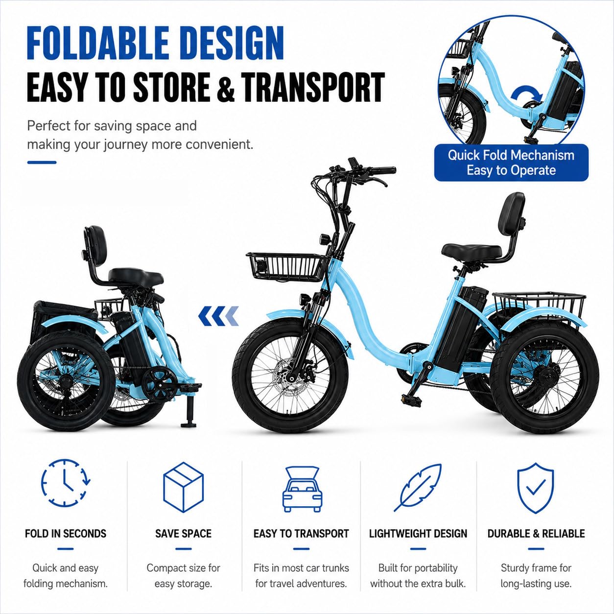 Elektrisches Erwachsenen-Dreirad E-Bike, 18 Zoll, 48V Akku, Stadtausflug