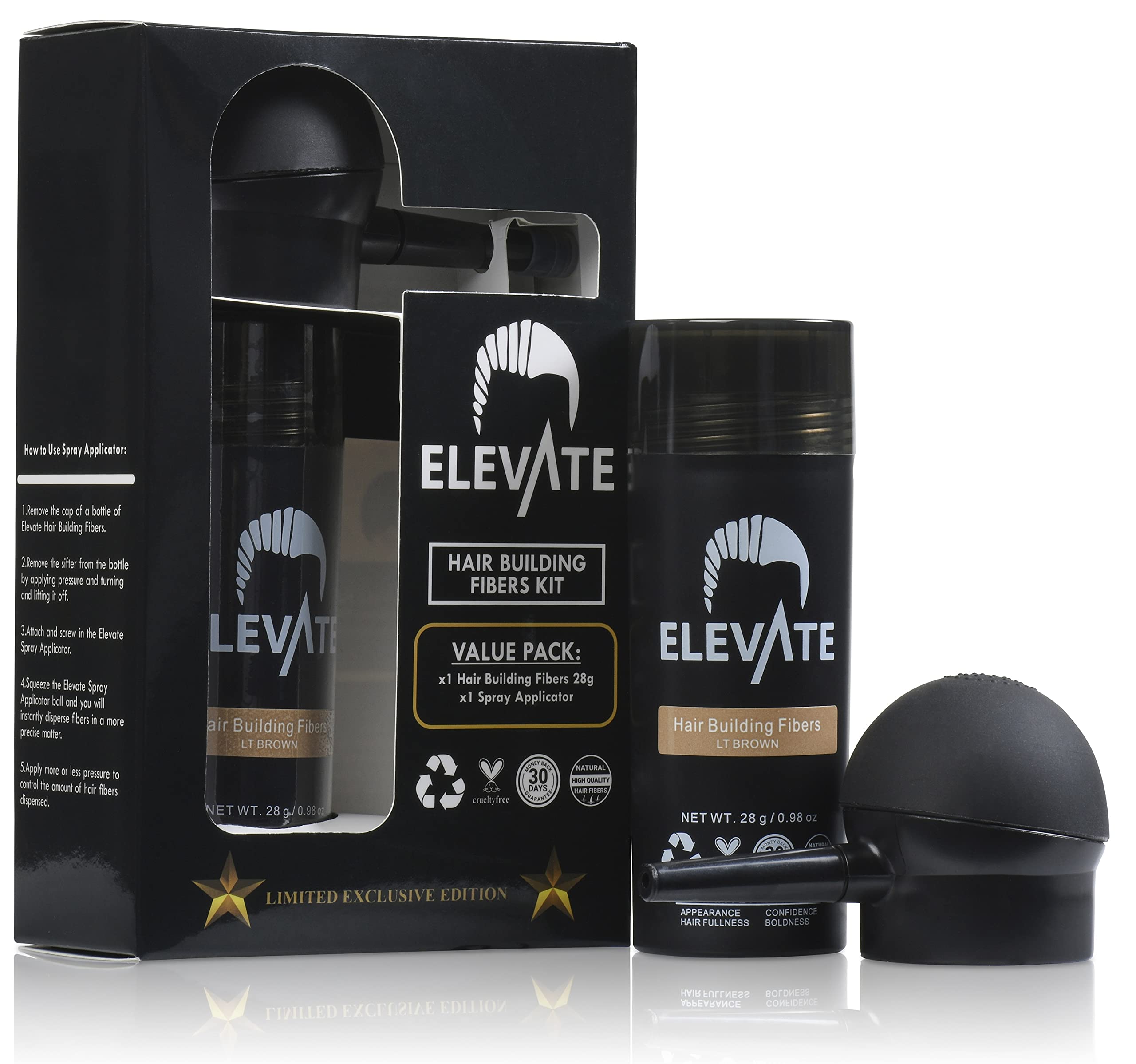 ELEVATE Hair Perfecting 2-in-1 Kit Set Includes Natural Hair Thickening Fibers & Spray Applicator Pump Nozzle | Instantly Conceal & Thicken Thinning or Balding Hair Areas (Light Brown)