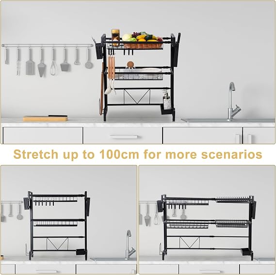 Over The Sink Dish Drying Rack, 2 Tier Over Sink Drainer Rack, Adjustable Expandable Dish Drying Rack, Above Sink Storage Shelf for Kitchen Counter Organisation (Black)