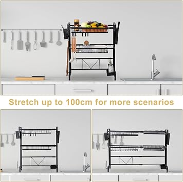 Over The Sink Dish Drying Rack, 2 Tier Over Sink Drainer Rack, Adjustable Expandable Dish Drying Rack, Above Sink Storage Shelf for Kitchen Counter Organisation (Black)