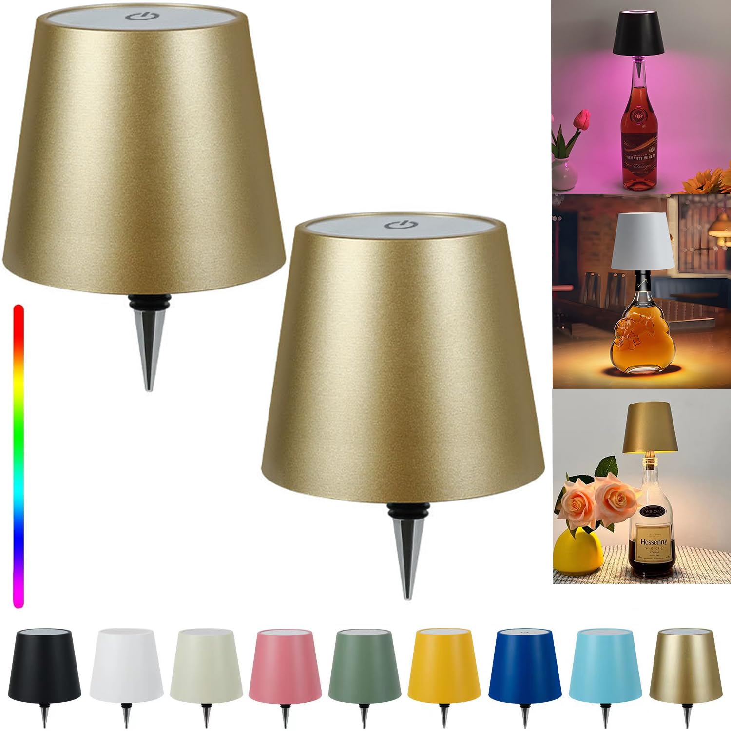 TiGilt Pridola Wireless Bottle Lamp Shade - LED Rechargeable 3 Color Stepless Dimming - Touch Liquor Bottle Lamp Kit - Outdoor Table Lamp - Bar Lamp - Wine Bottle Lamp(2Pcs-Gold), RYXZ0213