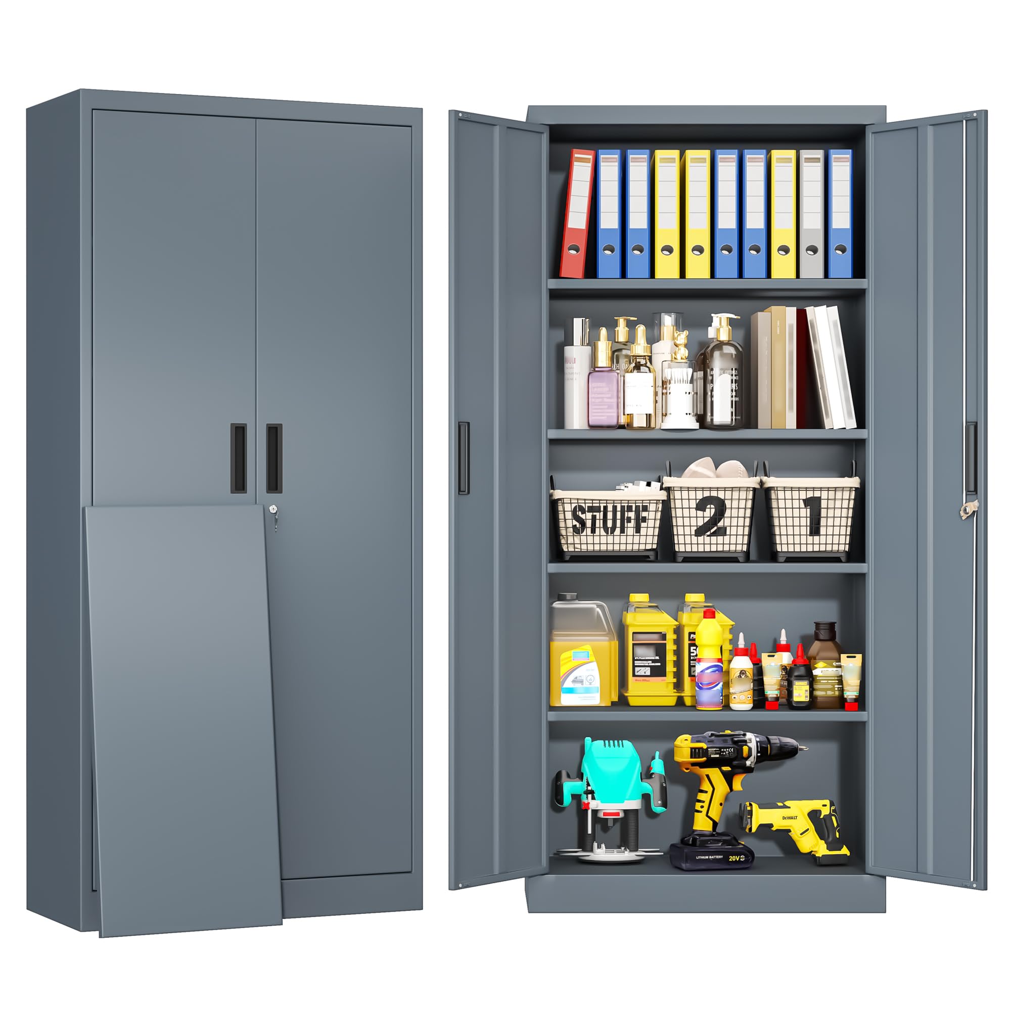 TaskStorz Metal Storage Cabinet, 180cm Metal Garage Cabinet with 4 Adjustable Shelves, Locking Storage Cabinets for Garage, Home, Office, Pantry, Assembly Required(Grey, 180 * 80 * 40)