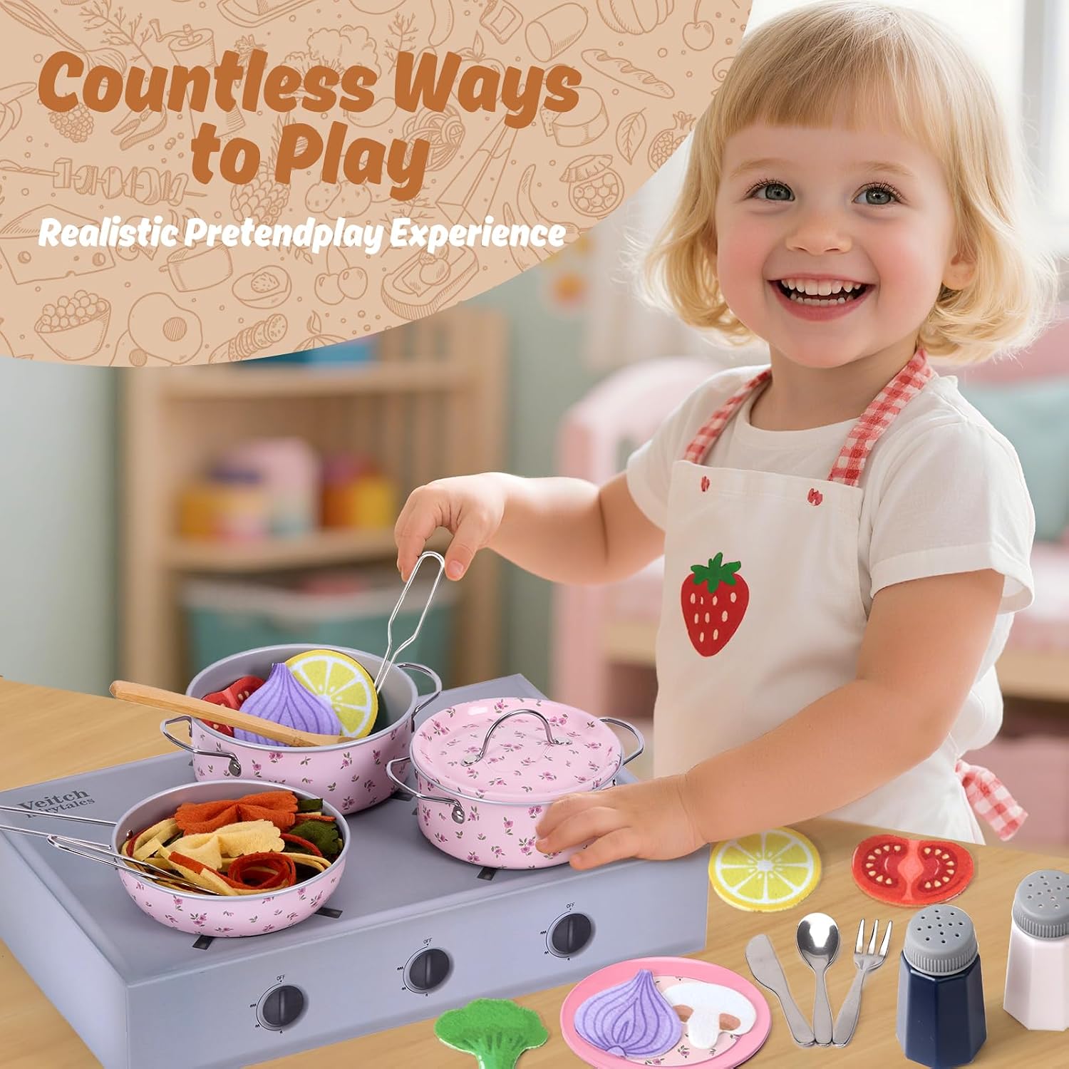 Kids Play Kitchen Toy Accessories Set Toddler Cooking Playset Vintage Colorful Flower Pots and Pans Play Foods Toy Gifts for 3 4 5 6 Year Old Girls Boys (Pink)