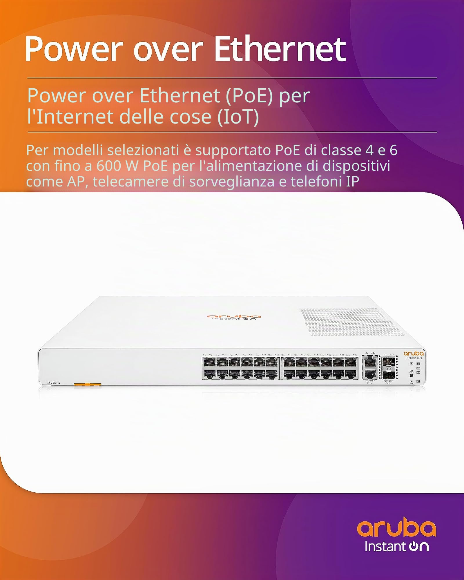 HPE Aruba Networking Networking Instant On Switch 20p Gigabit CL4 4p Gigabit CL6 PoE 2p 10GBT 2p SFP+ 370W 1960