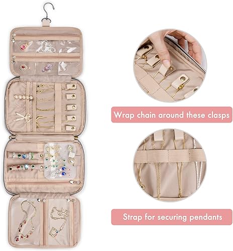 Miniatura 4 de SFYBYHEART Estuche organizador de joyas de viaje, bolsas de viaje para mujer, estuche de viaje de gran capacidad para aretes sin enredos, collares,