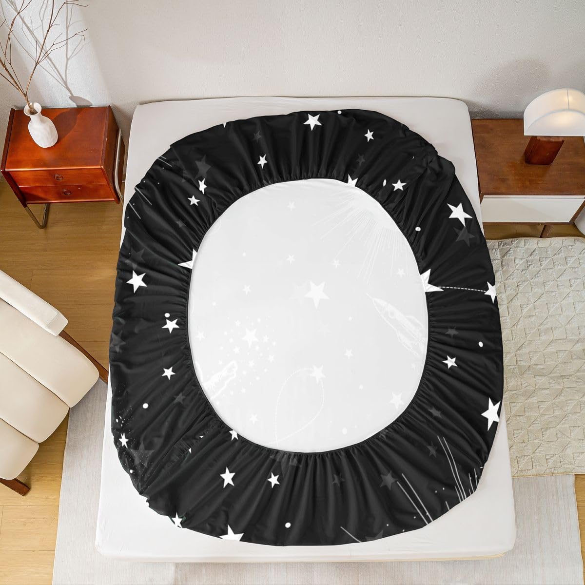 Cartoon Astronaut Fitted Sheet,Stars Rocket Outerspace Planet Bed Sheet for Kids Boys Girls Teens,Starry Moon Dreamy Deep Pocket,1 Pillowcase(No Flat Sheet),Twin Size 2 Pcs