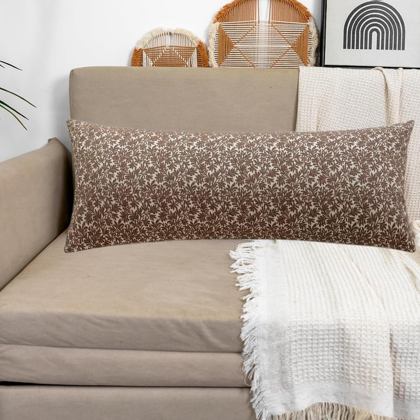 Chenille Long Lumbar Throw Pillow Cover 14x36 Inch, Jacquard Weave Cushion Cover, Farmhouse Rectangle Decorative Pillowcases for Bed Sofa Farmhouse Livingroom, 1 Pack (Brown)