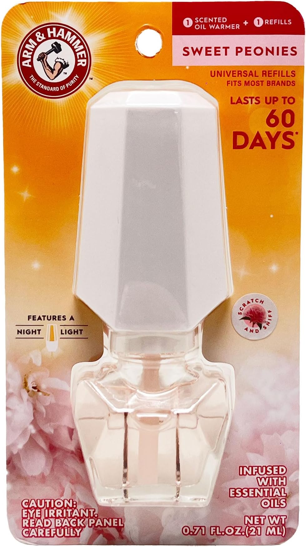 Arm & Hammer Plug in Scented Oil Starter Kit, Warmer with Night Light + 1 Refill, Sweet Peonies, Eco Friendly, Air Freshener Essential Oils