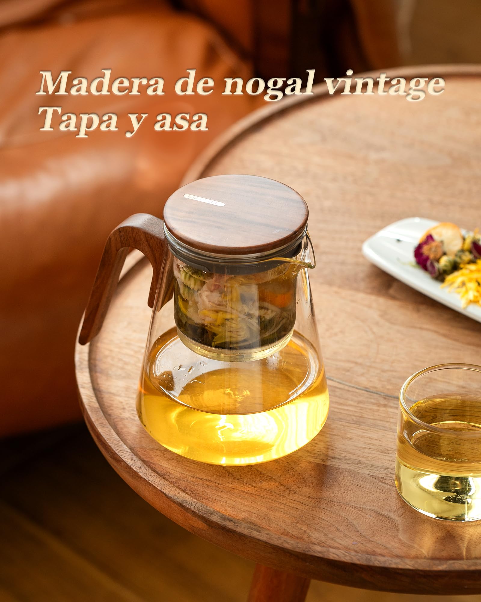Tetera de cristal para separación de agua con filtro, Magnética Flujo hacia abajo, Tetera infusiones mágica para té en, mango de madera de nogal, regalos para los amantes del té-800ML