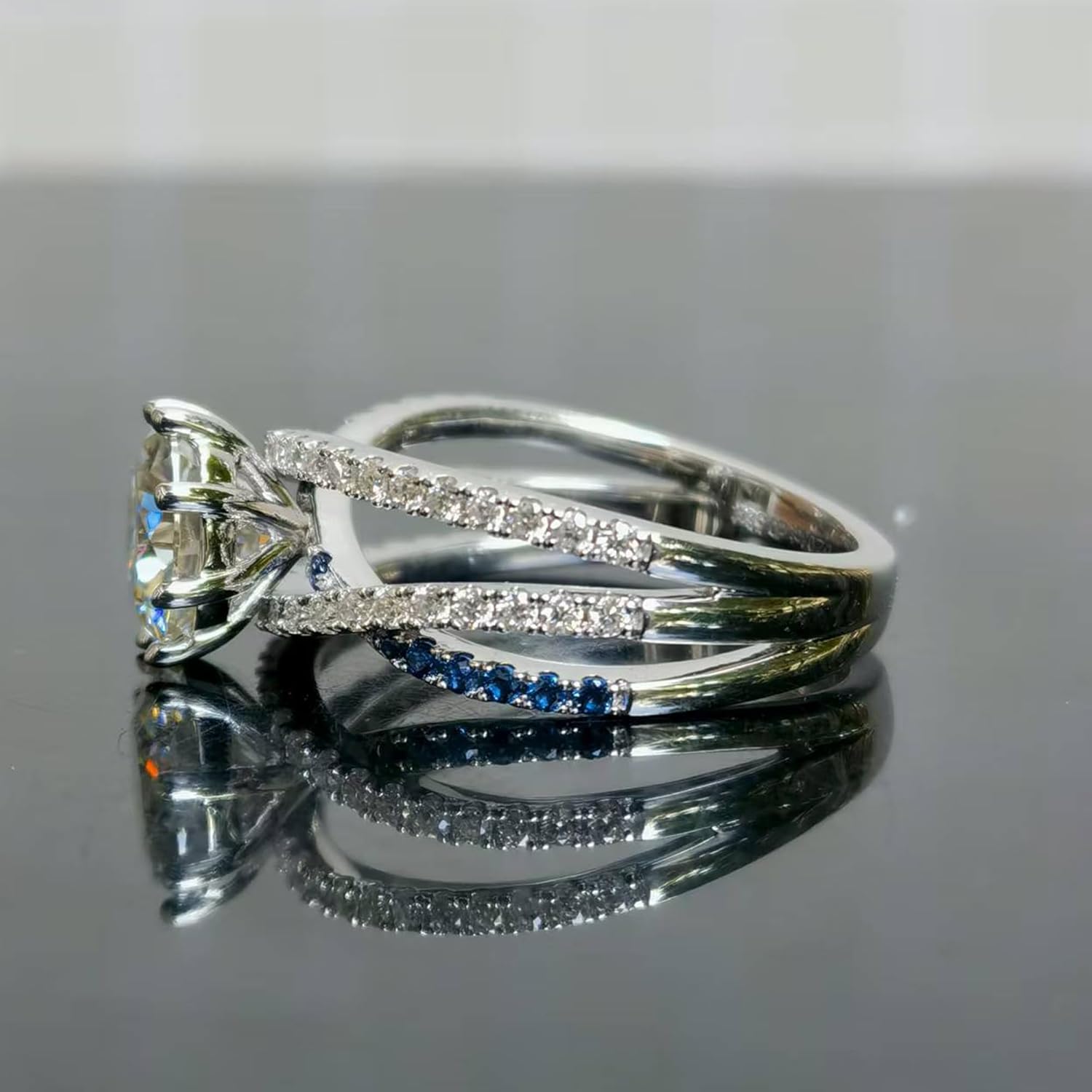 DovEggs Moissanite Engagement Ring for Women,Wedding Rings 2ct F-G-H Color Cut Twisting Split Shank Criss Cross Moissanite&Blue Sapphire Sterling Silver with 18K White Gold Plated Ideal Gift