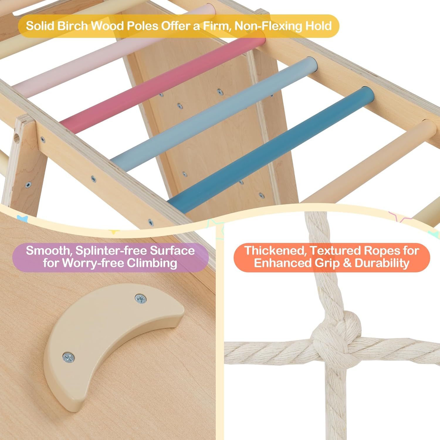 Costzon Indoor Playground, 6-in-1 Kids Montessori Jungle Gym with Baby Slide, Rock Climbing Wall, Basketball Hoop, Monkey Bar, Rope Net, Ladder, Wooden Climber Playset for Kids Gifts (Natural)