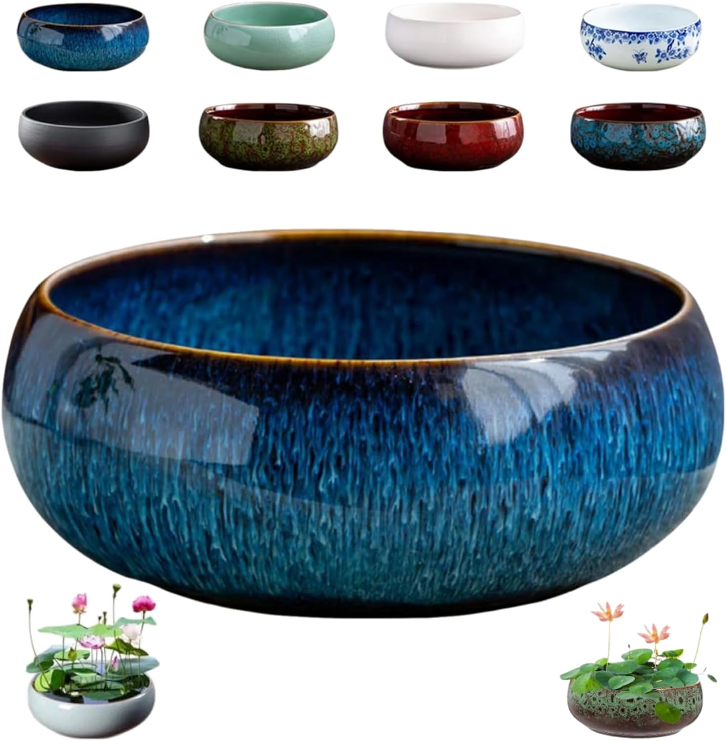 Lotus Bowl Planter, Round Ceramic Lotus Flower Bowl for Water Plants, Glazed Aesthetic Bonsai Planter for Indoor Plants, Unique Home Decor for Water Planting (Blue)