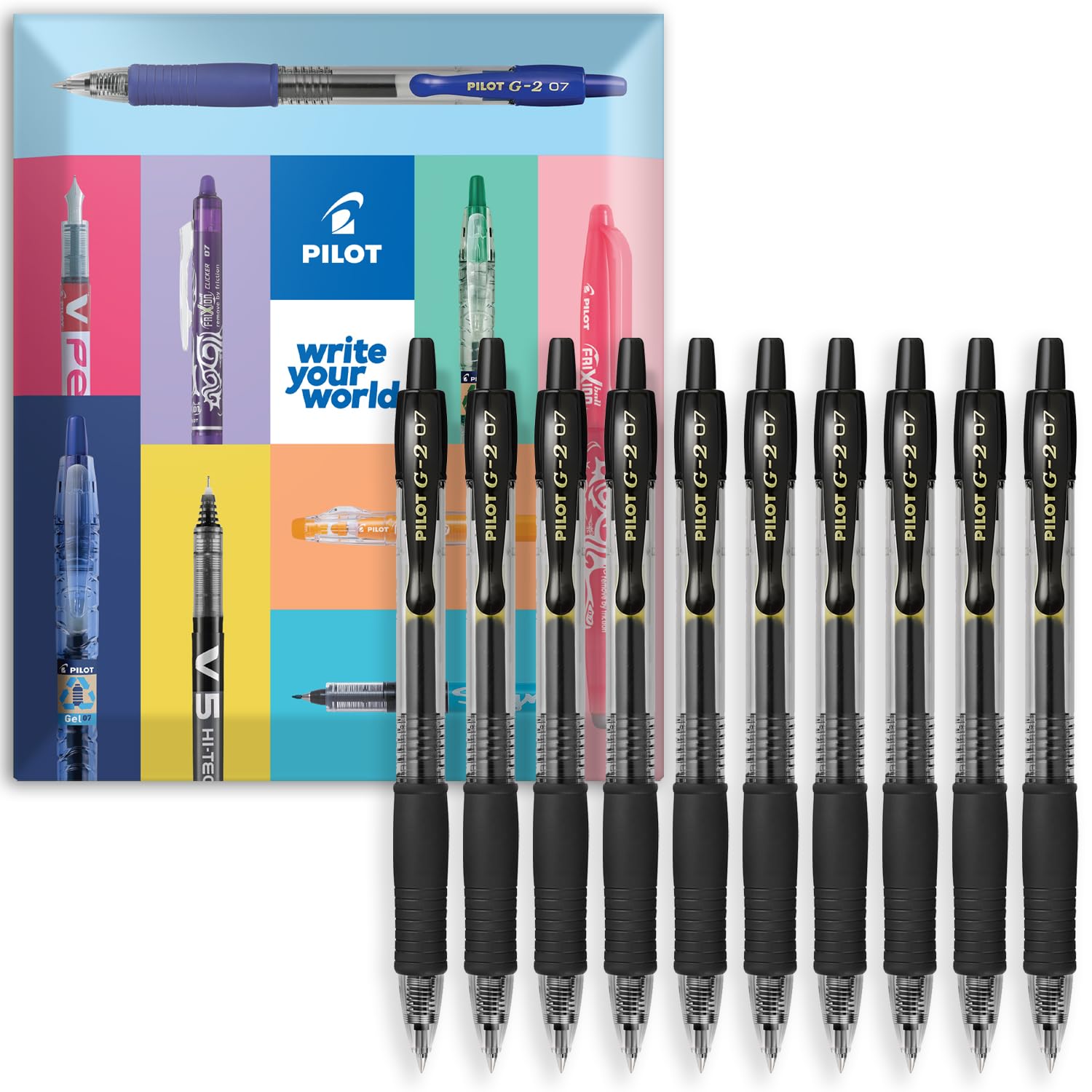 PILOT G-2 Lot de 10 stylos roller rétractables à encre gel Pointe 0,7 mm Emballage cadeau Noir