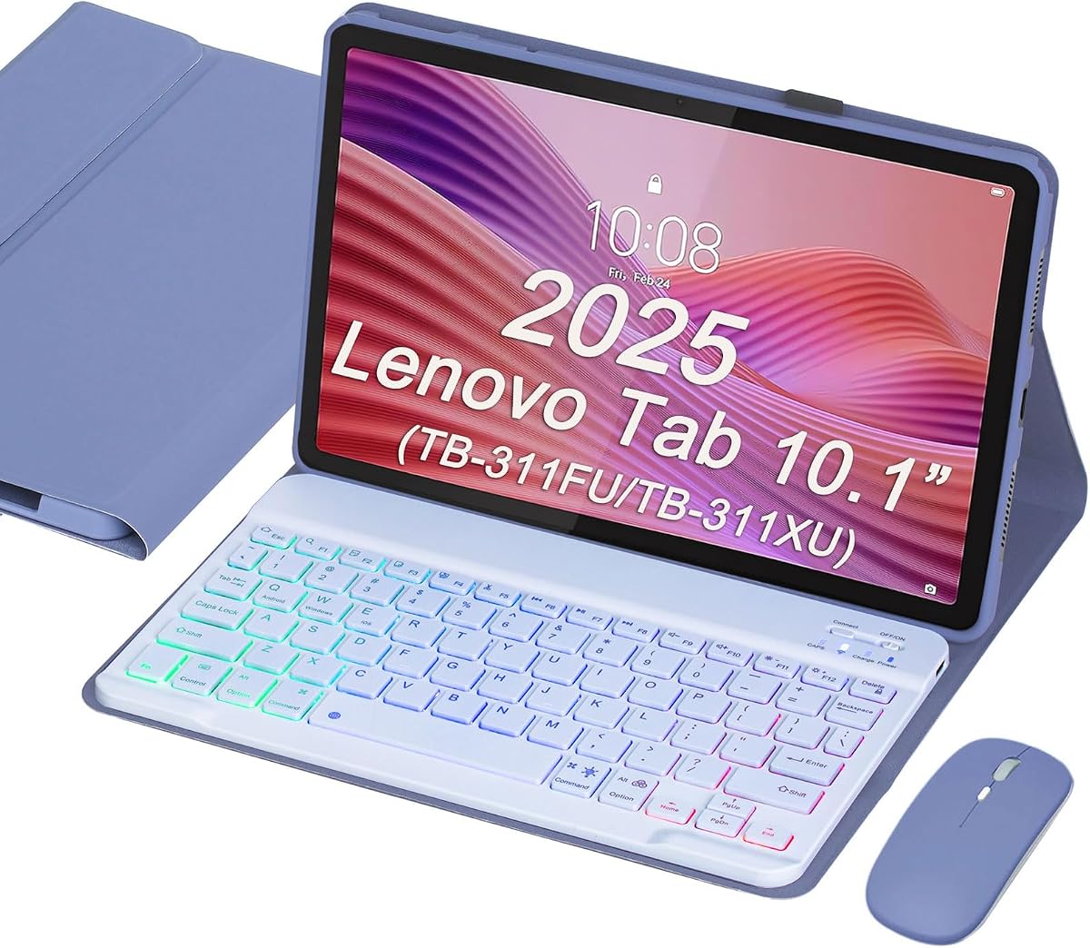 Keyboard Case for Lenovo Tab 10.1” 2025 (TB-311FU/TB-311XU), Wireless Bluetooth Rechargeable Keyboard with Mouse, Backlit RGB Keys, Detachable Design, Slim Protective Cover (Purple)