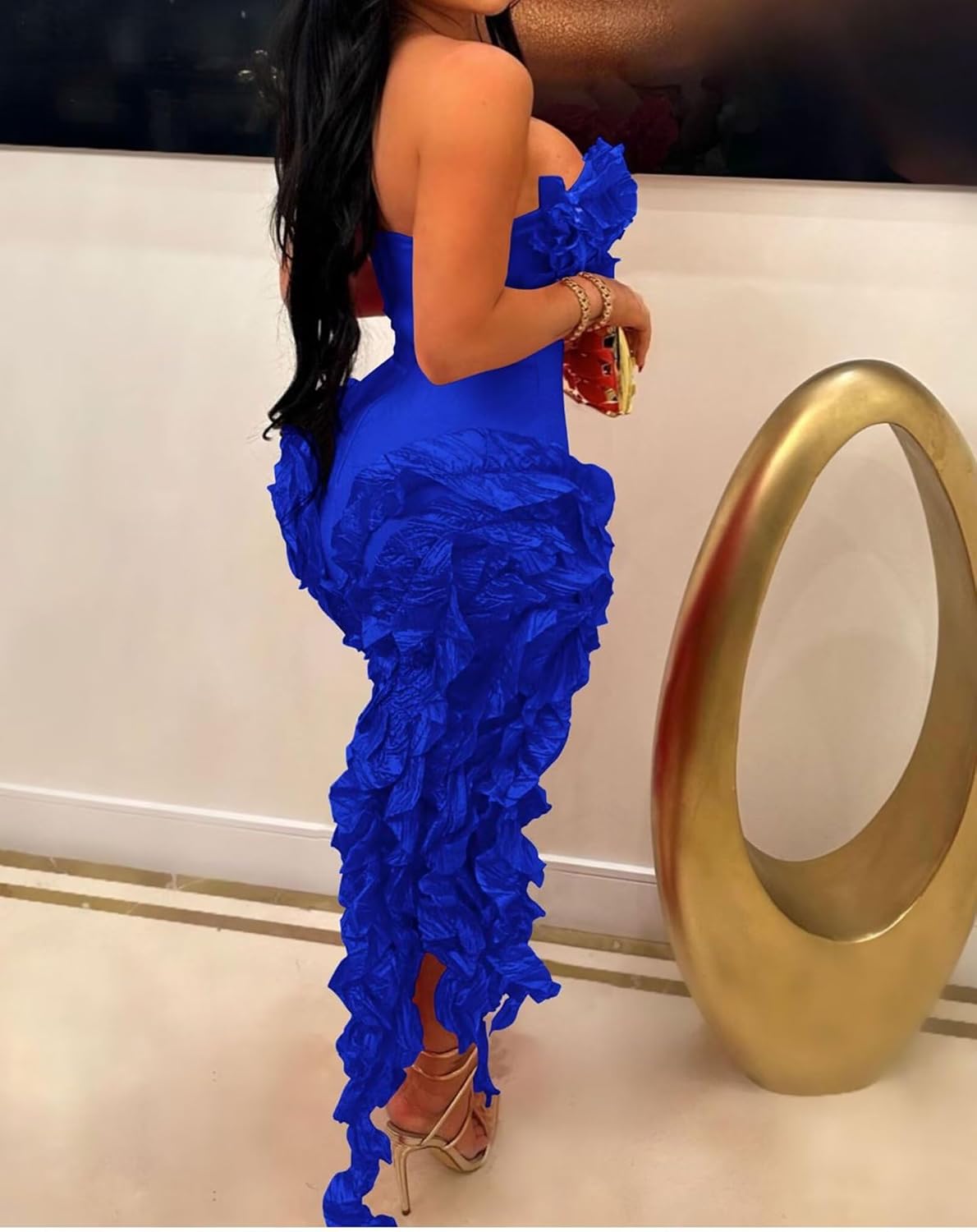 IyMoo Women Sexy Strapless Ruffle Bodycon Dress Solid Color Fringe Slim Party Cocktail Bandage Dresses - Image 3