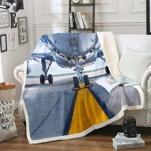 Erosebridal Manta de forro polar de aviación, avión de pista de aterrizaje, rueda de neumático de verano, manta decorativa de paisaje de cielo azul,