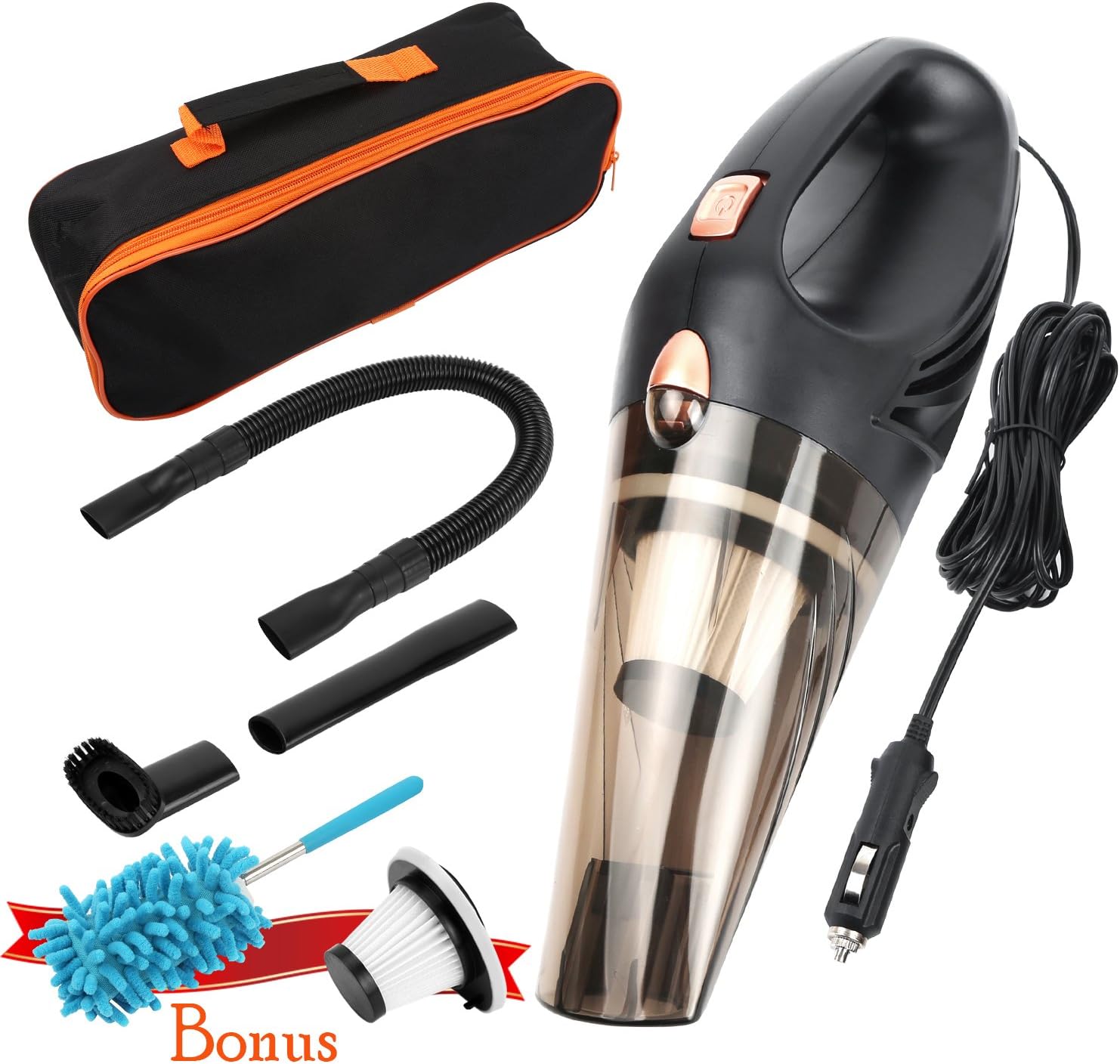 Car Vacuum Cleaner DC 12-Volt 106W HonestEast Wet&Dry Portable Handheld Auto Vacuum Cleaner, 16.4FT(5M) Power Cord with 2 HEPA Filters, One Carry Bag, One Interior Car Detail Duster (Black)