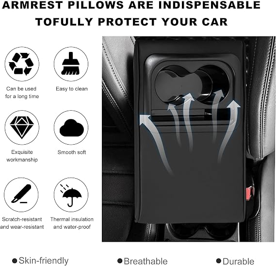 Car Center Console Armrest Pillow, Waterproof Leather Armrest Cushion with Cup Holder & Phone Holder, Memory Foam Arm Rest Box Cover Protector with Storage Bag for Most Cars (Glossy Black)