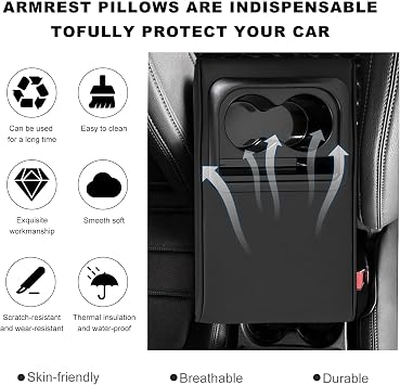 Car Center Console Armrest Pillow, Waterproof Leather Armrest Cushion with Cup Holder & Phone Holder, Memory Foam Arm Rest Box Cover Protector with Storage Bag for Most Cars (Glossy Black)