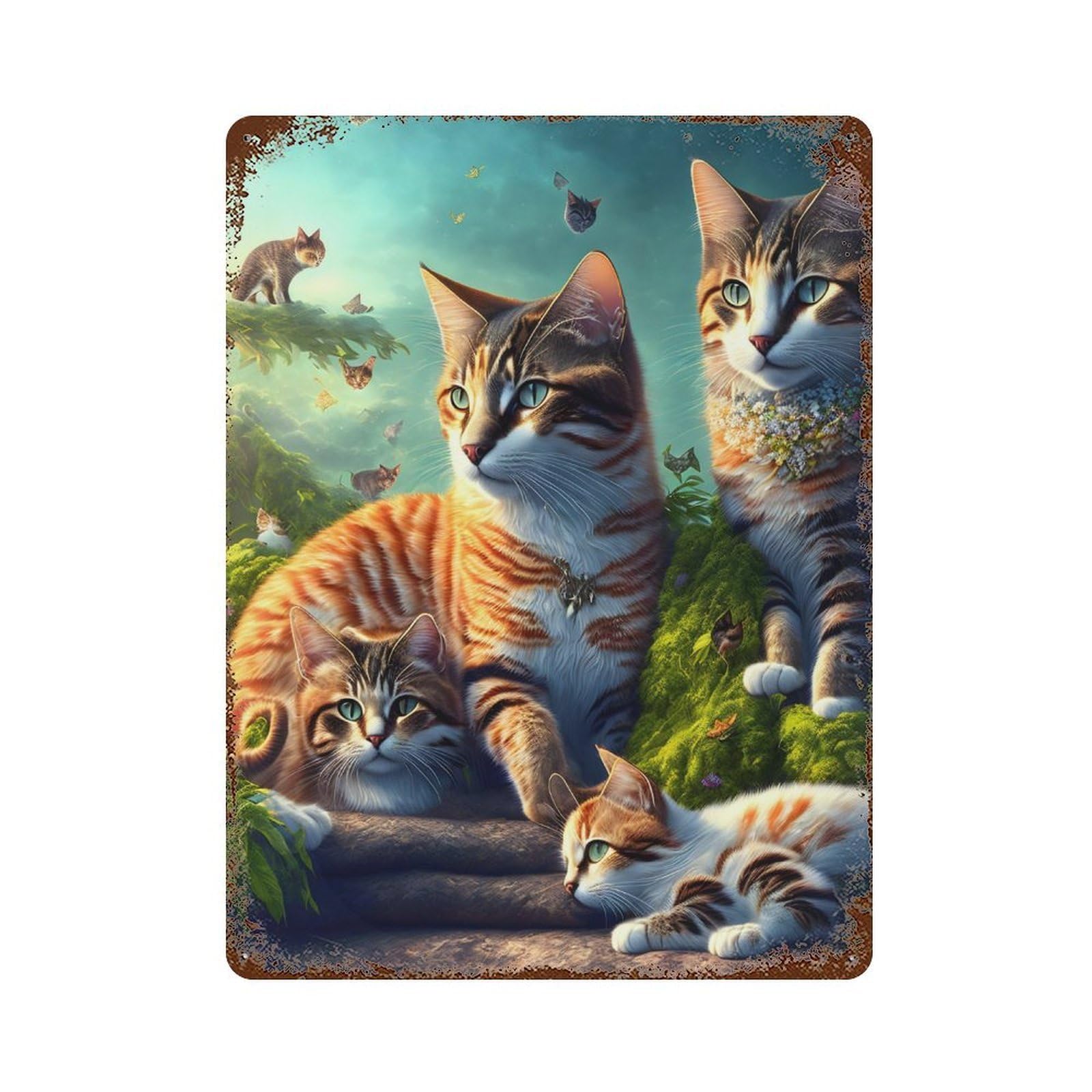 Fantasy Cat Garden Scene 15.7"x11.8" Rustic Tin Plaque, Novelty Wall Decor for Bistro, Counter And Cafe Decor