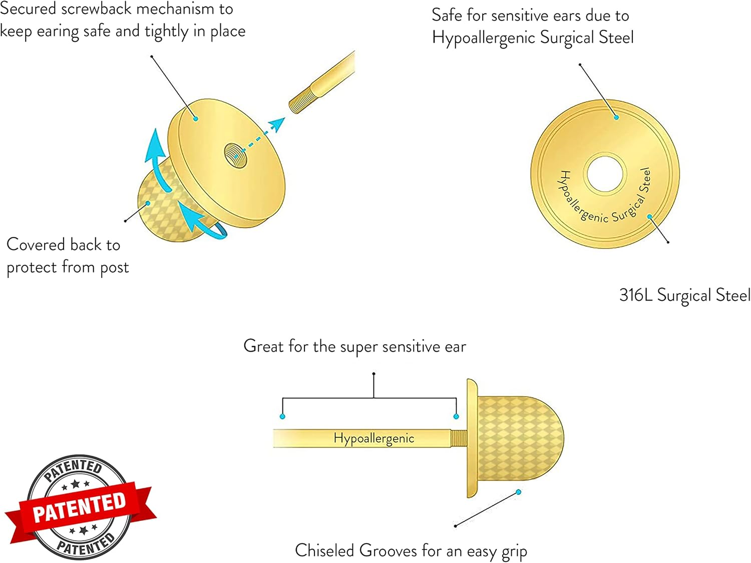 18k Gold Plated Butterfly Hypoallergenic Earrings - Stud Screw On Safety Backs, Stainless Steel Ultra Sensitive Ears Post for Girls, Toddlers to Teens - Image 6