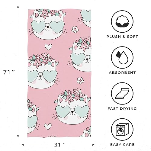Miniatura 4 de OTVEE Pink Cats - Toalla de playa de gran tamaño de 31 x 71 pulgadas, toalla de piscina extra grande, ligera, suave, absorbente, sin arena, secado