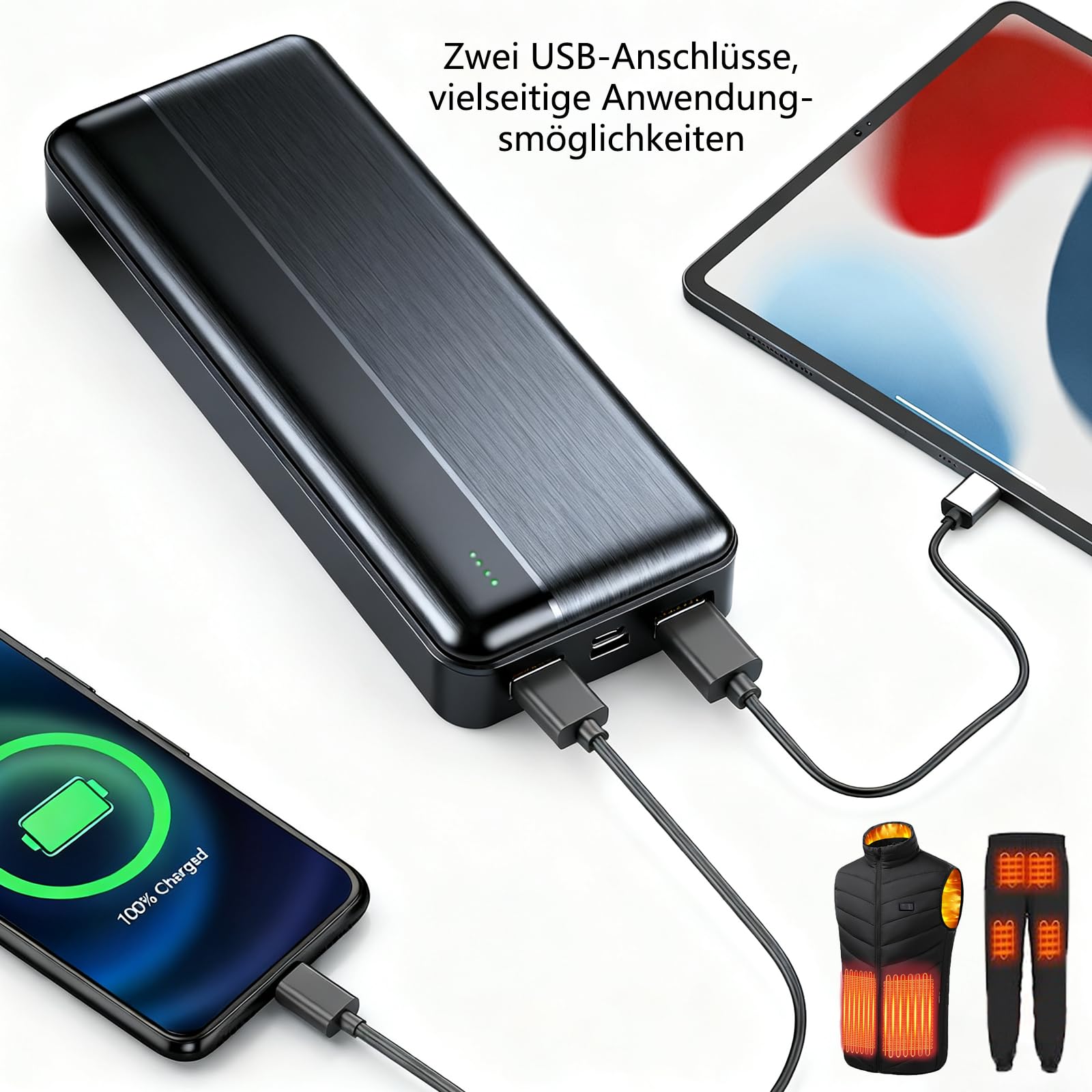 Ahigh Batteria da 20000 mAh, batteria esterna da 5 V per gilet riscaldato, giacca, cappotto, pantaloni e biancheria intima riscaldata, batteria di ricambio per abbigliamento riscaldato