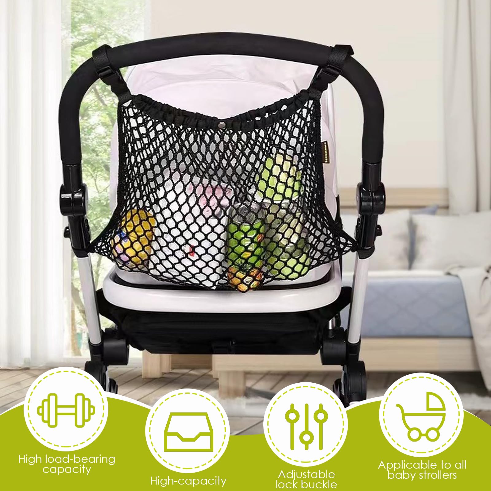 Nero Tasca a Rete per Passeggino, Borsa in Rete per Passeggini, Universale Rete per la Spesa per Carrozzina, Rete Tasca Portaoggetti Organizer per Passeggino Carrello Jogger