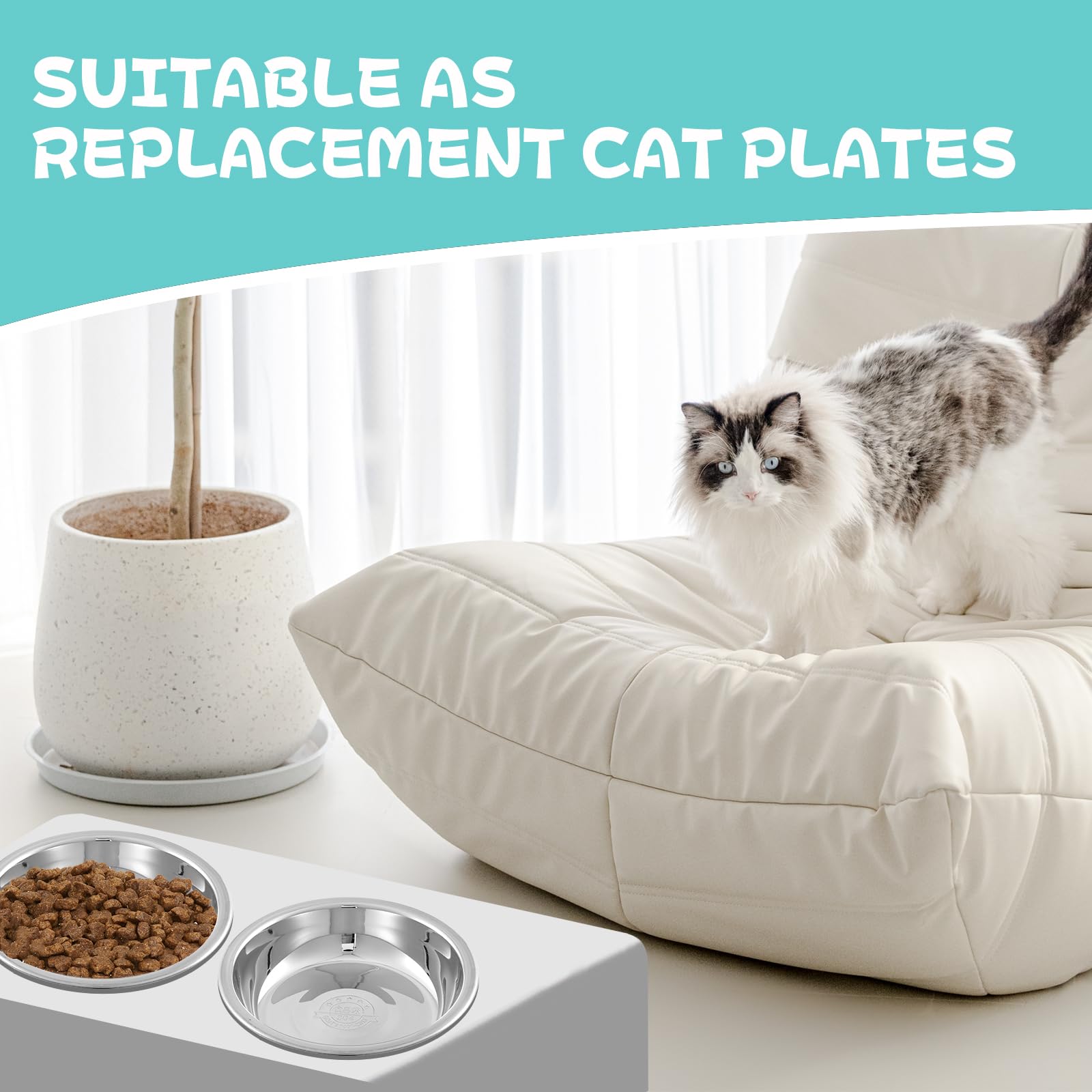 12 cuencos de acero inoxidable para gatos poco profundos para alimentos y fatiga, plato de agua básico de metal para mascotas, soporte elevado para gatos y perros pequeños (5.5 pulgadas de diámetro)