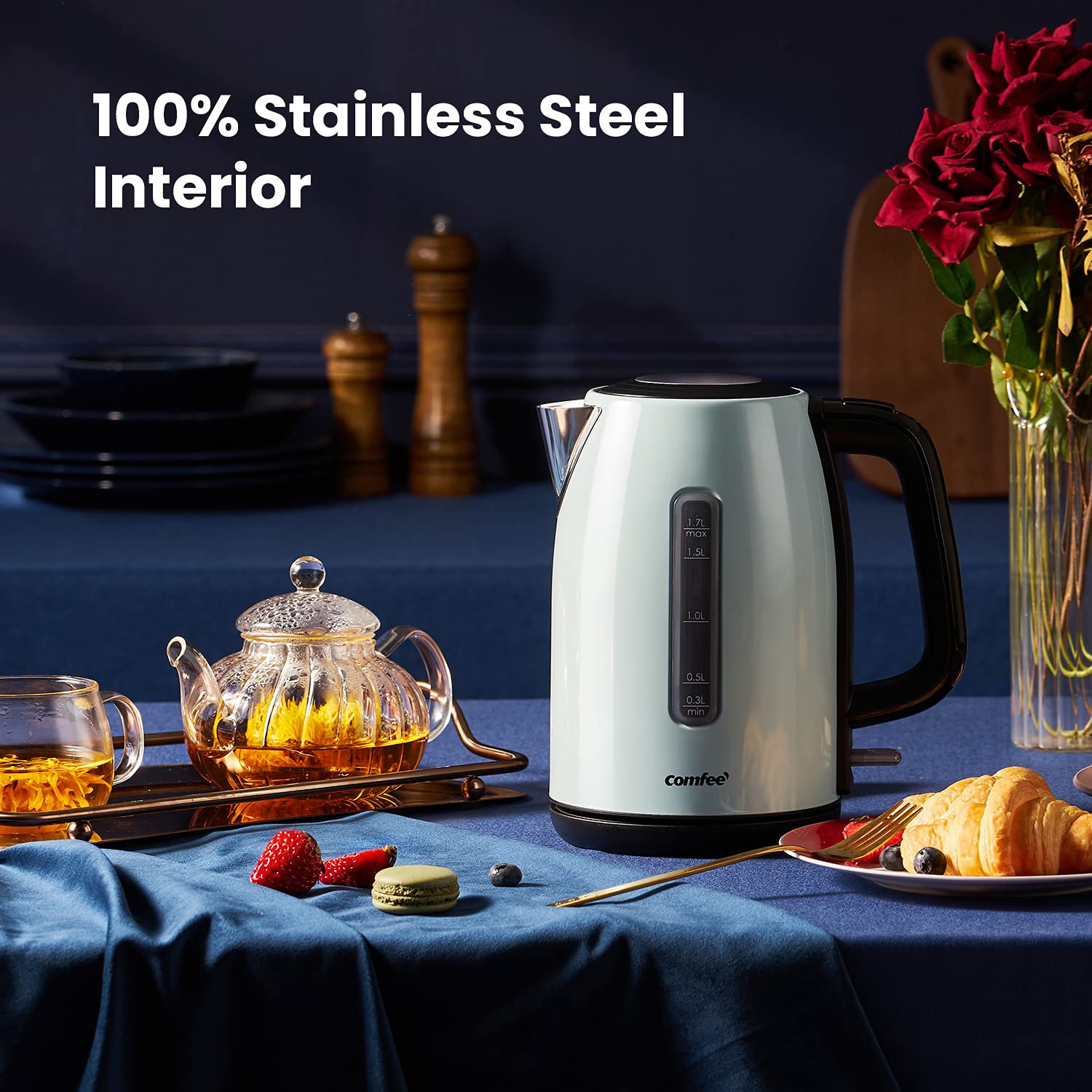 COMFEE' Electric Kettle 3000W Fast Boil, 1.7L Brushed stainless steel Kettle Cordless with Auto