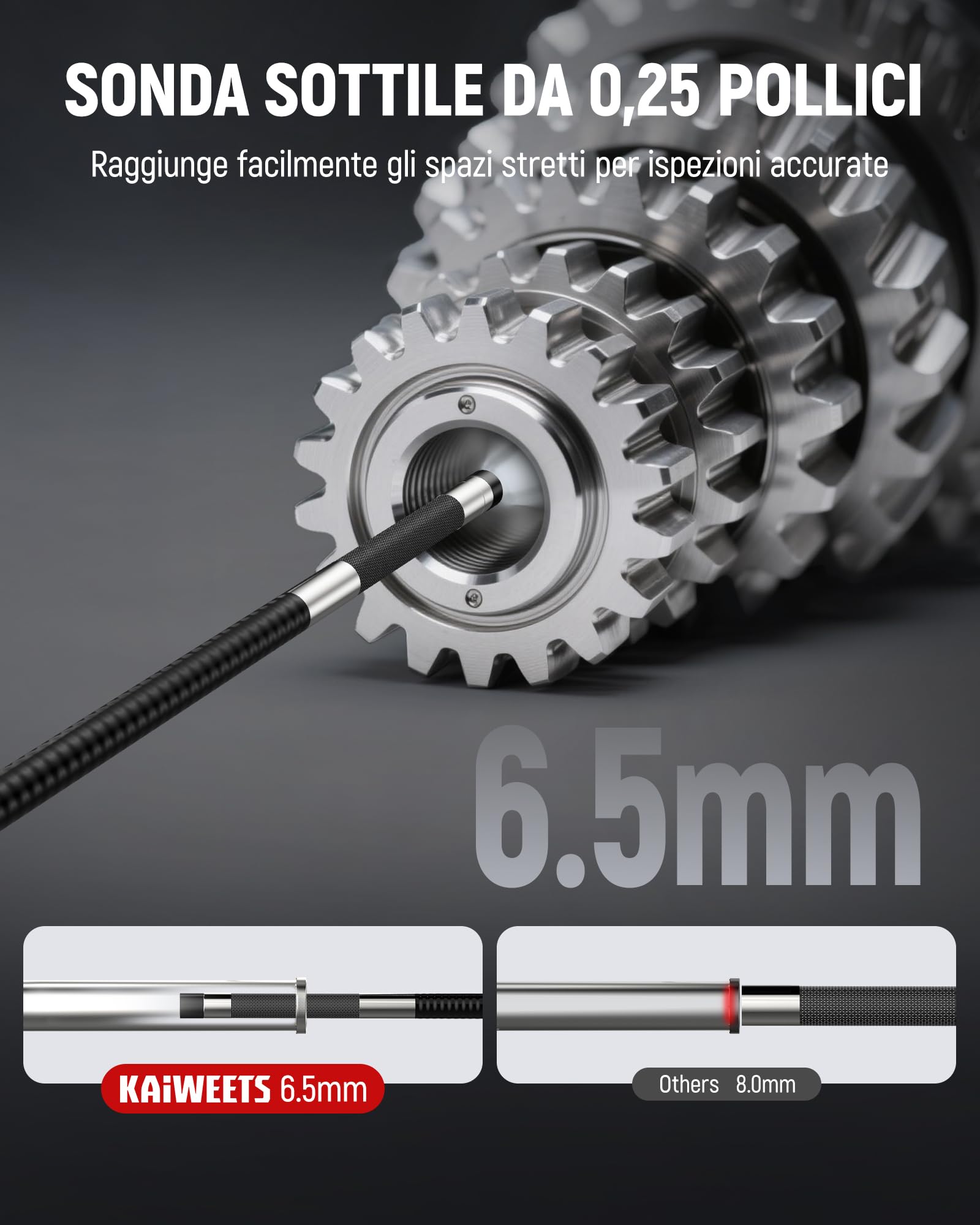 KAIWEETS Endoscopica con Luce, Telecamera 2-Vie Articolata 210° (6,5 mm) con Controllo a Rotella, Display IPS 1080P, Cavo Semirigido 1,6 m, IP67 Impermeabile, per Auto, Idraulica e Industria
