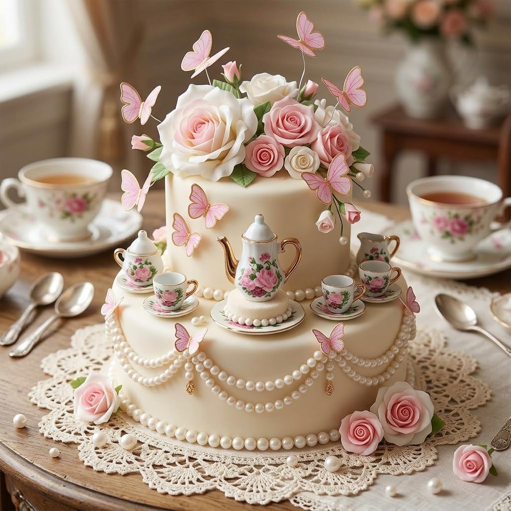 LaVenty Tea Party Cake Toppers Flower Butterfly Teapot Teacup Floral Decor