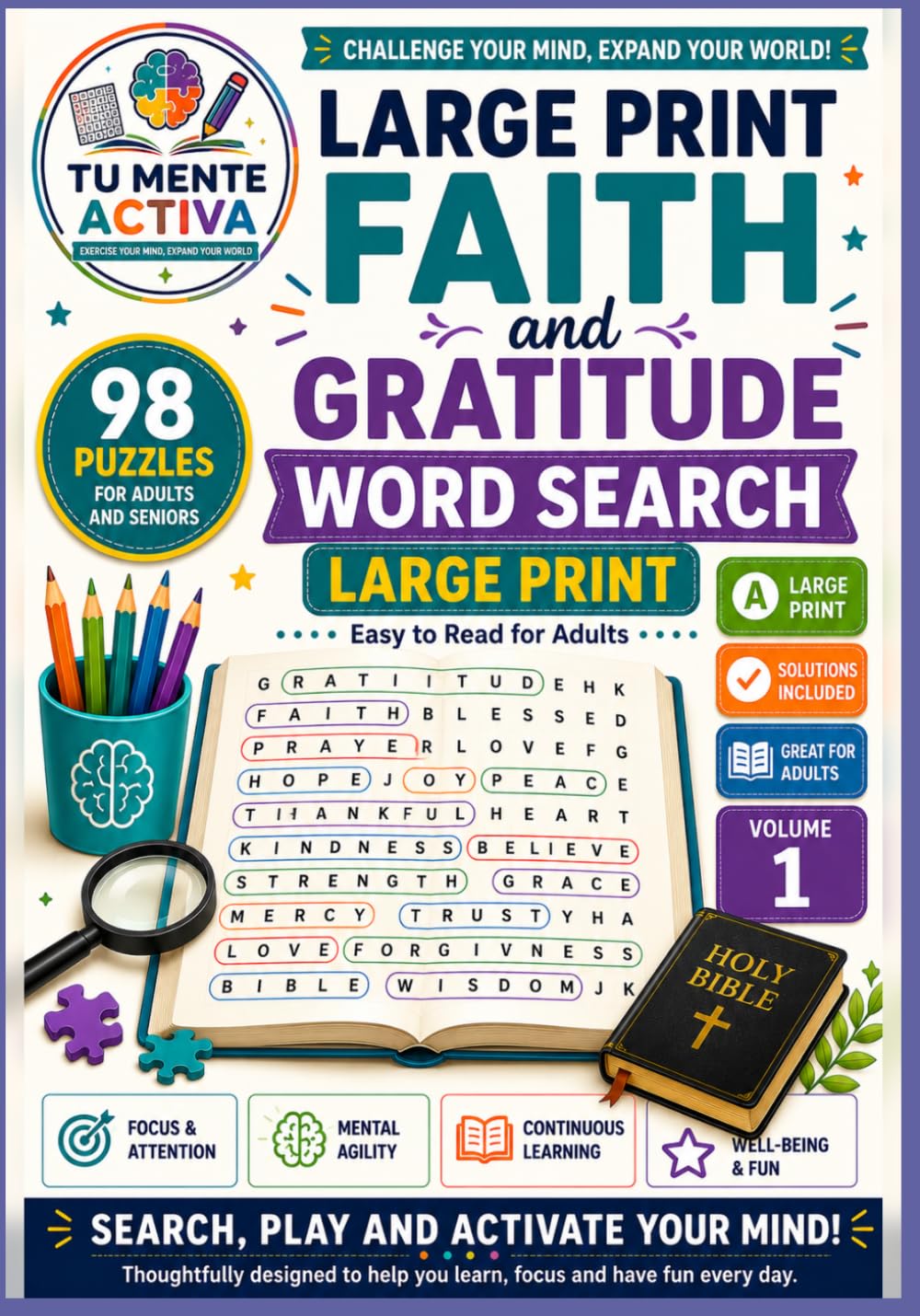 Large Print Faith and Gratitude Word Search: 98 large print word search puzzles for adults and seniors
